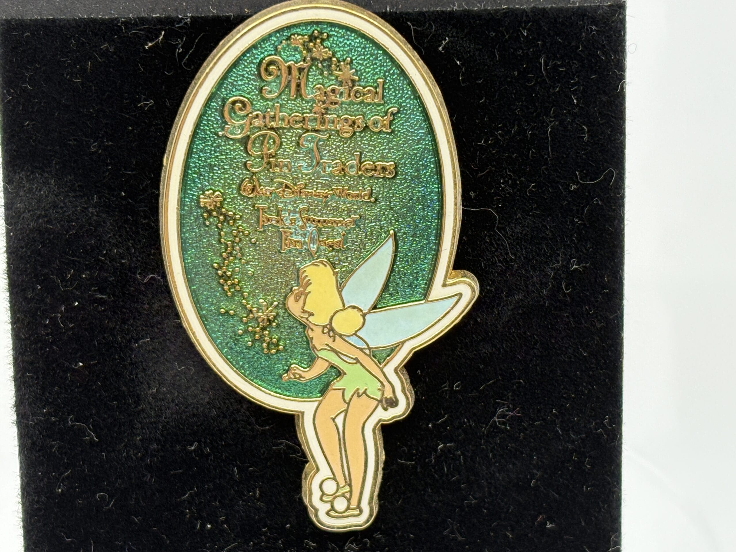 Gold and green glittery pin with fairy illustration, perfect for the wdwnt summer auction: "Magical Gathering of Pin Traders.