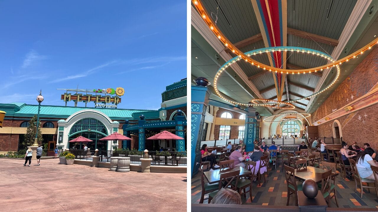 Left: Meteor Astropub exterior with patio umbrellas. Right: People dining inside under circular lights.