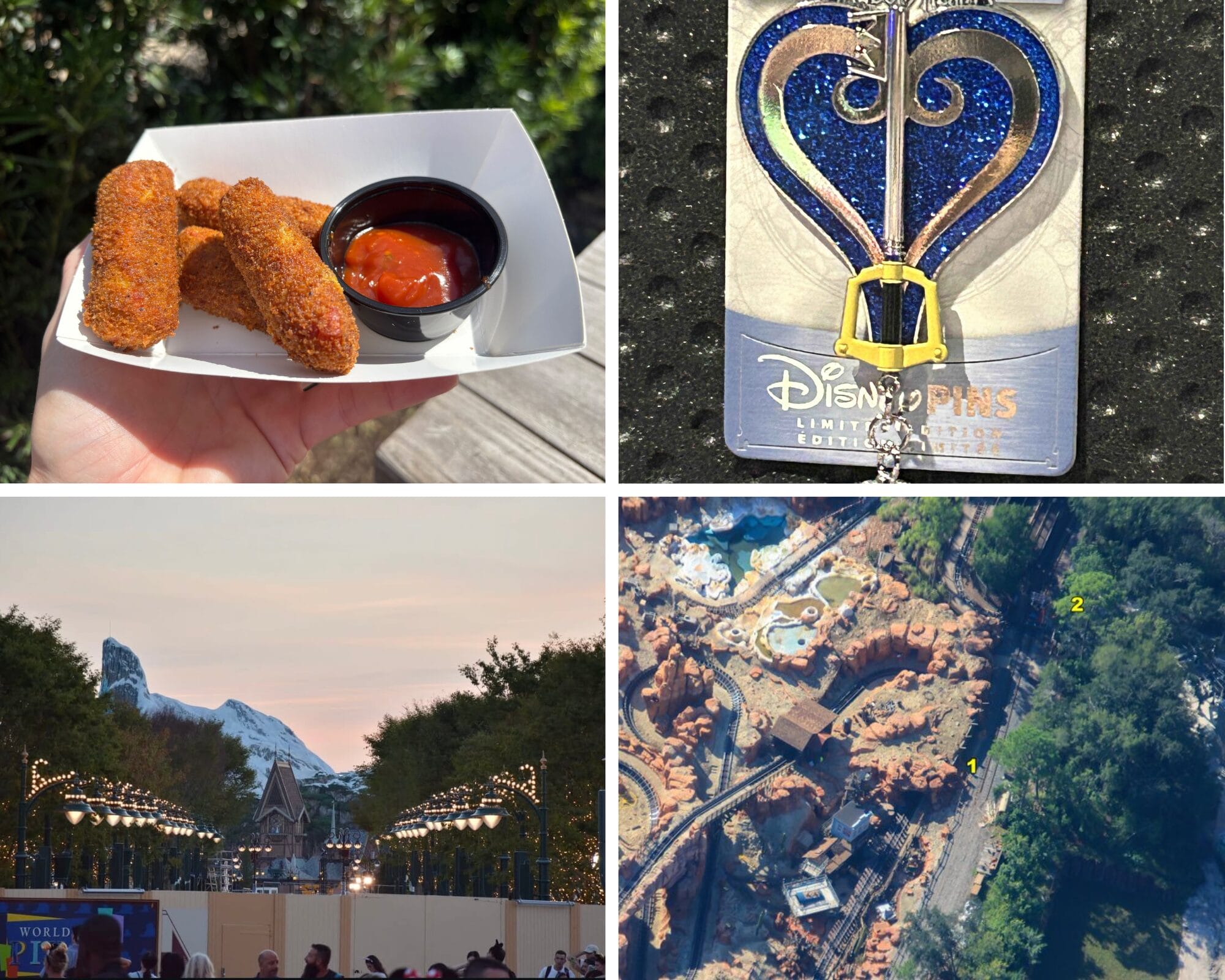Four images: fried cheese sticks at EPCOT’s Festival Favorites, a Disney pin, sunset park view, and a theme park aerial.