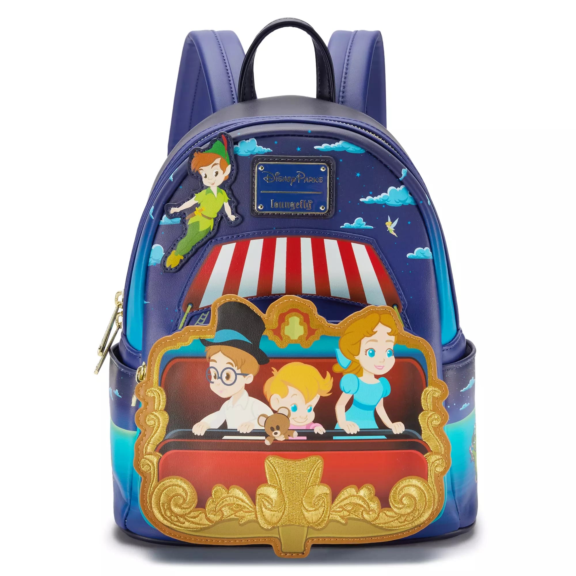 A navy Loungefly mini backpack with appliques of the Darling children riding in a Peter Pan's Flight ride vehicle with Peter Pan flying above.