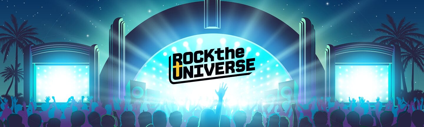 Illustration of a concert stage at Universal Orlando for Rock the Universe 2026, with bright lights and a cheering crowd.
